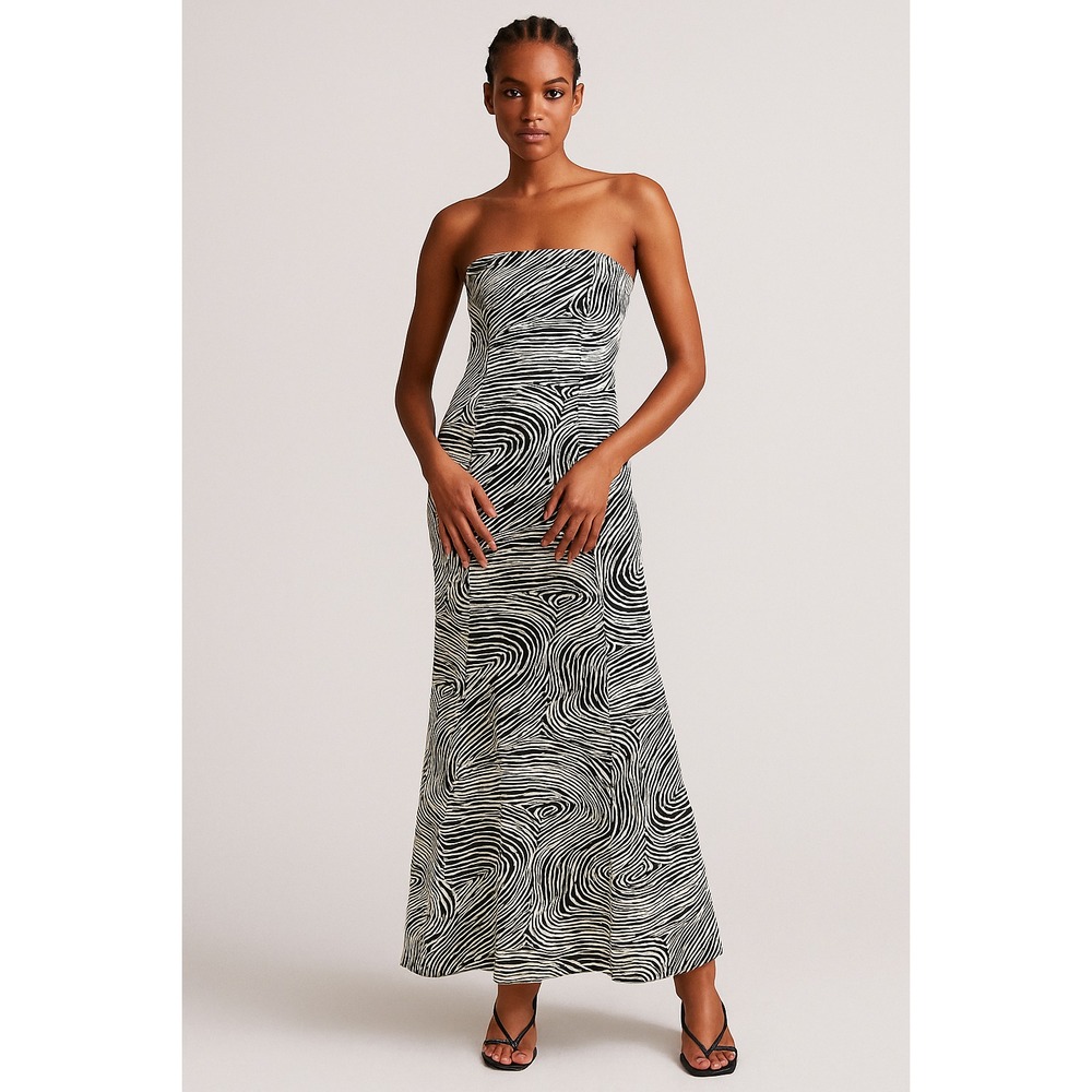 Y2K Swirl Psychedelic Strapless Long Maxi Dress Boho Artsy Silky Formal Small